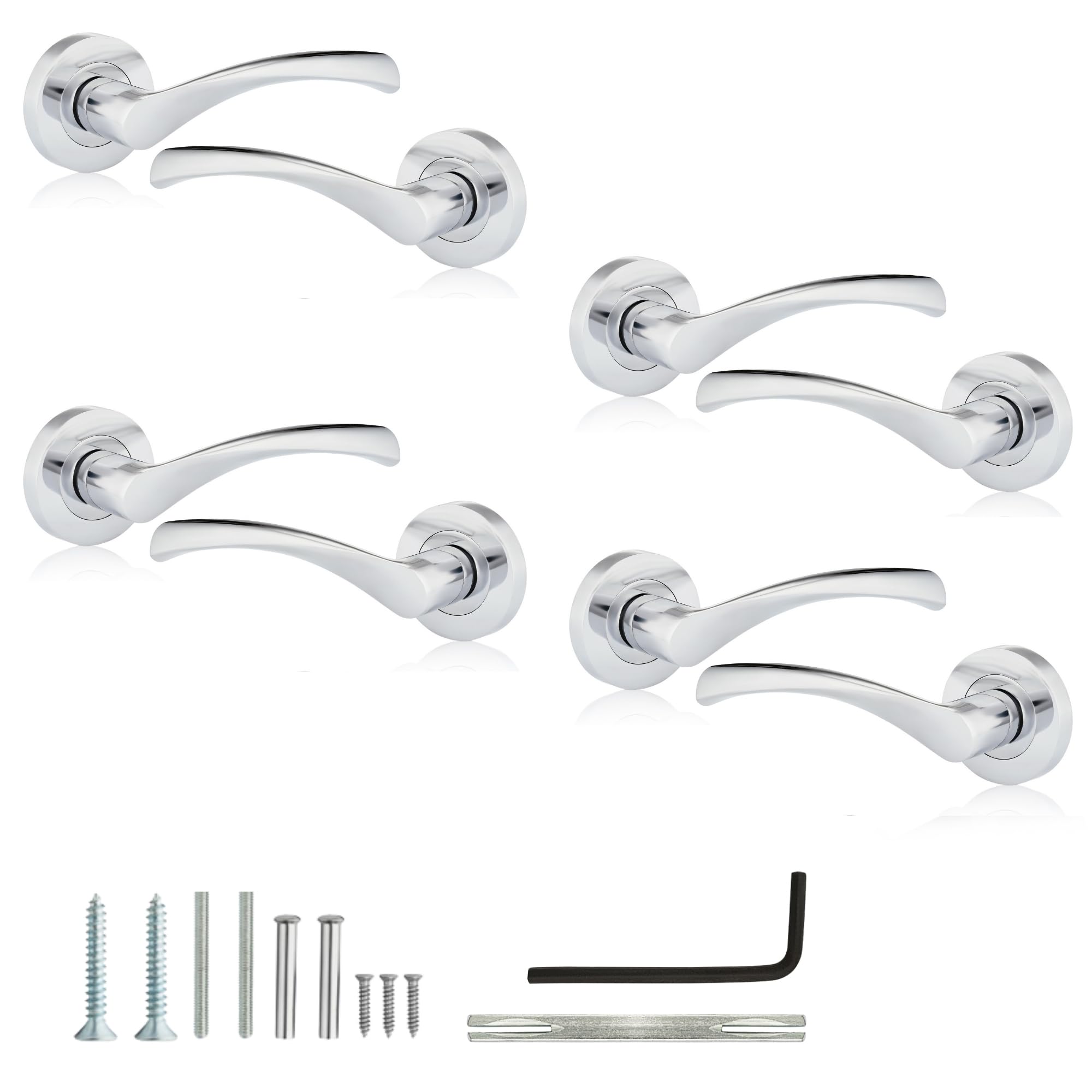XFORT Warped Lever on Rose Door Handles Polished Chrome, Internal Door Handles for Wooden Doors, Modern Interior Door Handle Set (4 Pairs)