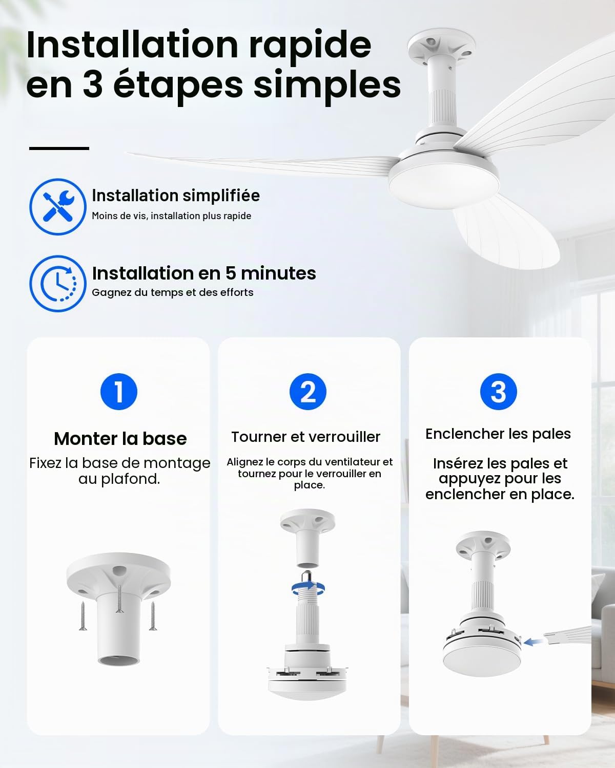 Hisummer Ventilateur Plafond avec Lumiere 106cm E27 Silencieux Réversible Télécommande