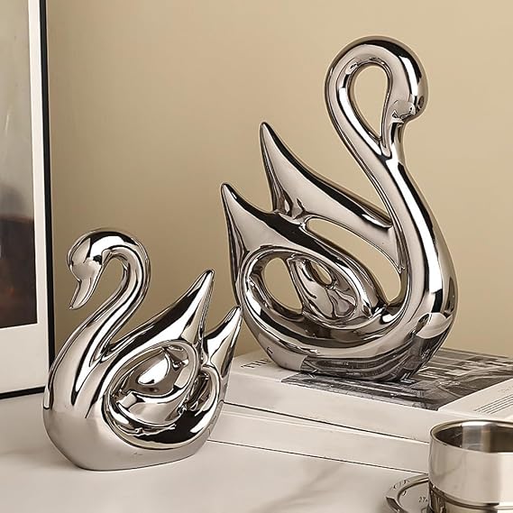 Ceramic Statue,2 Pieces Swan Sculpture Decor,Creative Ceramic Decorative,Crafts Ornaments Home Decor,Memorial Gift for Parents, Suitable for Shelf, Bookself, TV Stand Decor(Silver Swan)