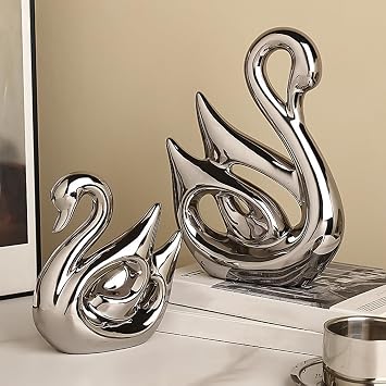 Ceramic Statue,2 Pieces Swan Sculpture Decor,Creative Ceramic Decorative,Crafts Ornaments Home Decor,Memorial Gift for Parents, Suitable for Shelf, Bookself, TV Stand Decor(Silver Swan)