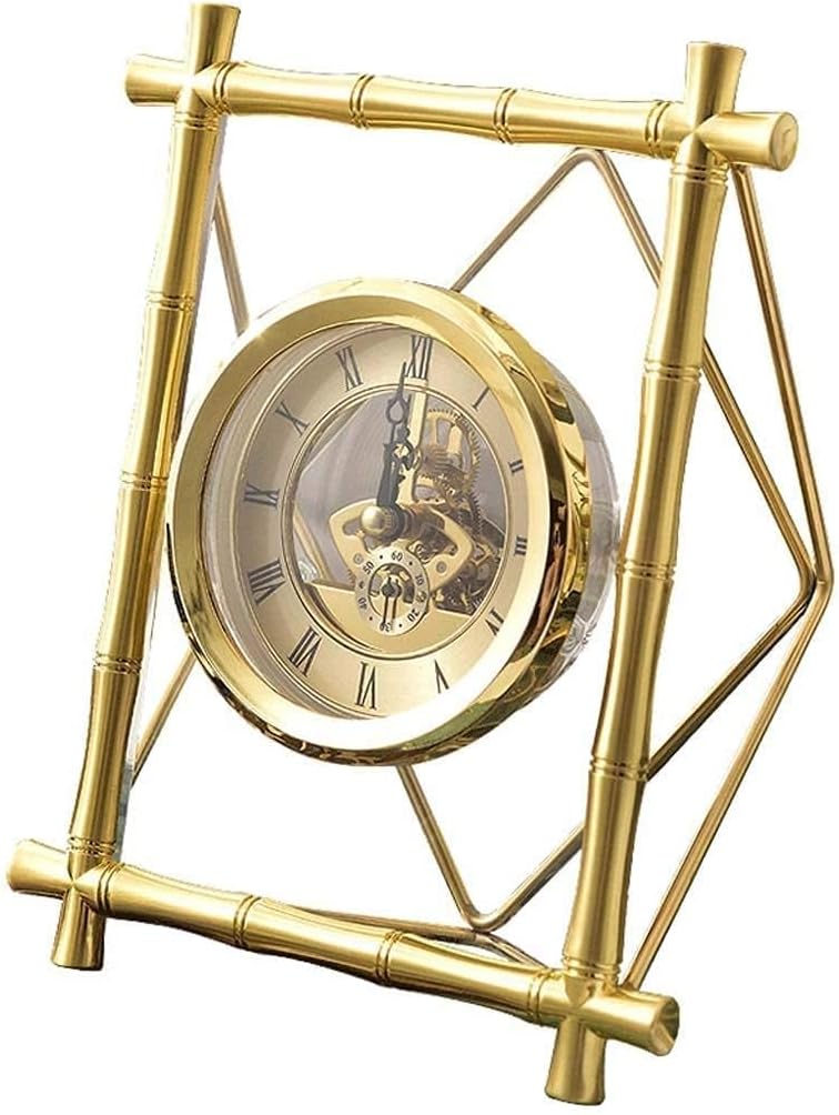 Mantel Clocks, Desktop Clock Metal Creative Bamboo Roman Numerals Glass Surface Living Room Clock Watch Quartz Clocks Desk Clock Ornament Table Clock