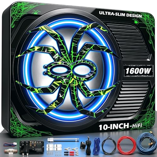 Image of Upgraded 1600W Car Subwoofer, 10 inch Ultra-Thin Under-Seat Sub with Built-in Amplifier, (LPF /Gain /Bass Boost) LED Ambient Lights, Independent Bass Knob, Distortion-Free Deep Bass(Green)