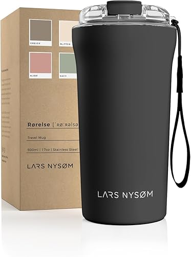 LARS NYSØM Thermo Taza de café con correa de 17 onzas, taza de viaje sin BPA de 0.5 litros con aislamiento, taza térmica de acero inoxidable a