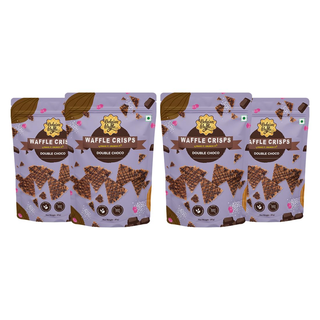 The Belgian Waffle Co Double Choco Waffle Crisps, Thin, Crunchy, Eggless, Baked Not Fried, Healthy Snacks For Breakfast, Double Choco - 85Gm Each (Pack Of 4)