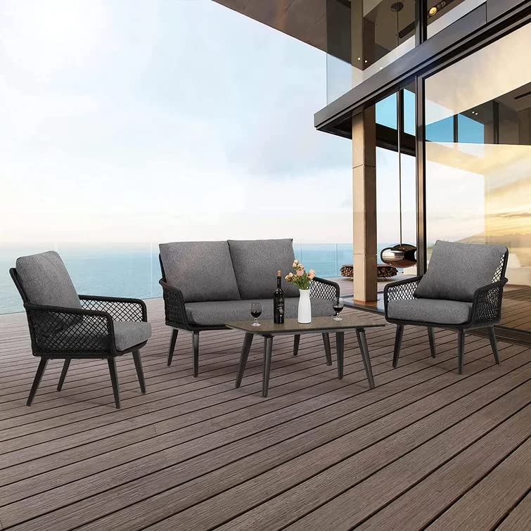 Image of DEVOKO Outdoor and Indoor 4 Seater Sofa with Center Table and Cushioned Rope Chairs Set for Garden, Balcony (Black & Grey)