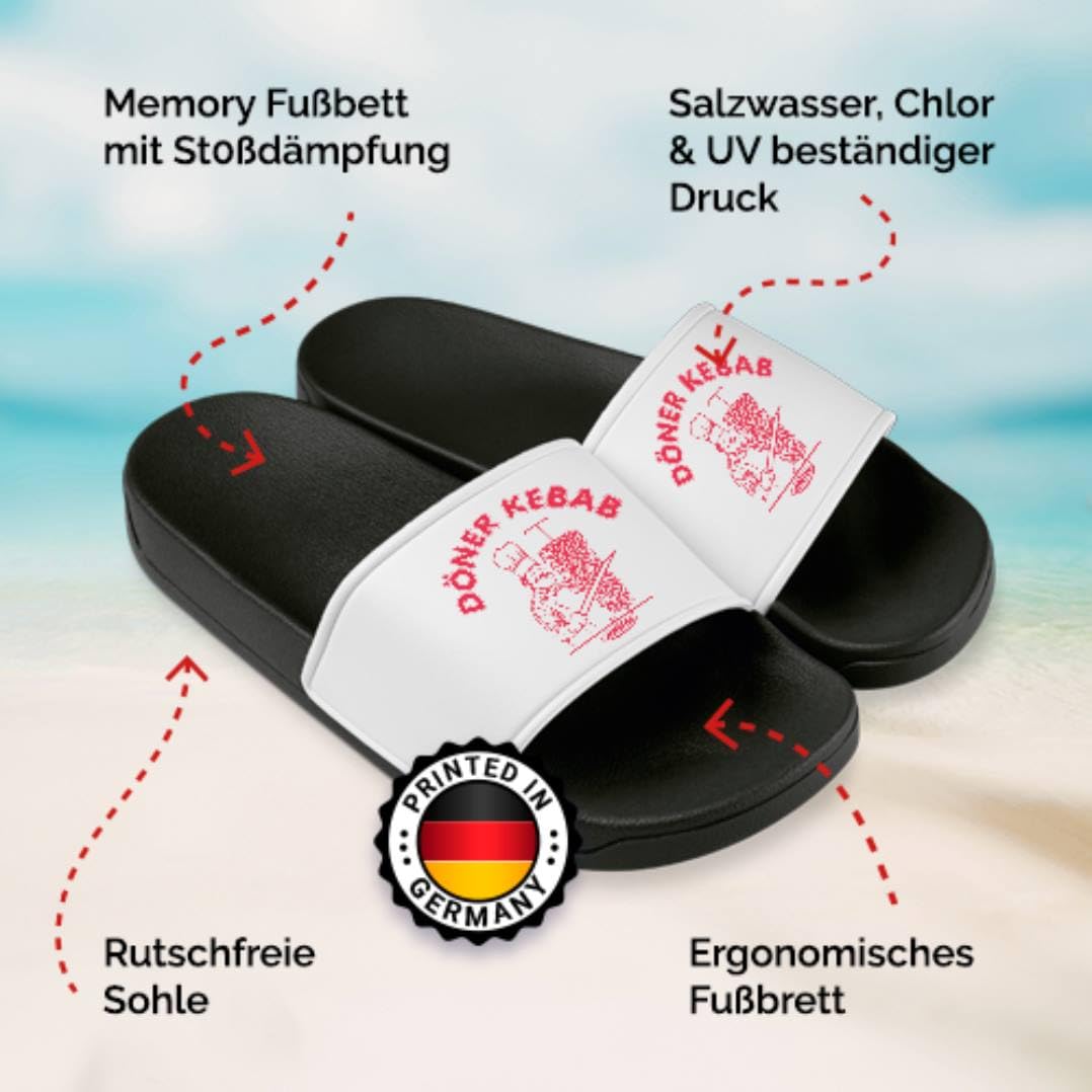 Tassenbrennerei Döner Kebab Badelatschen für Herren & Damen - Lustige Hausschuhe, Schlappen - Badeschuhe, Badeschlappen lustig