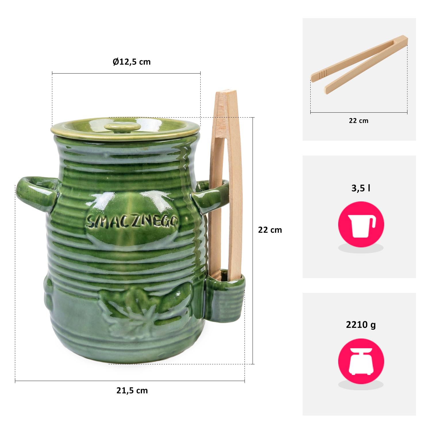 Olla fermentadora de cerámica de 3,5 l con pinzas de madera y tapa – Cacerola de fermentación para verduras, kimchi, pepinos y chucrut – verde esmaltado