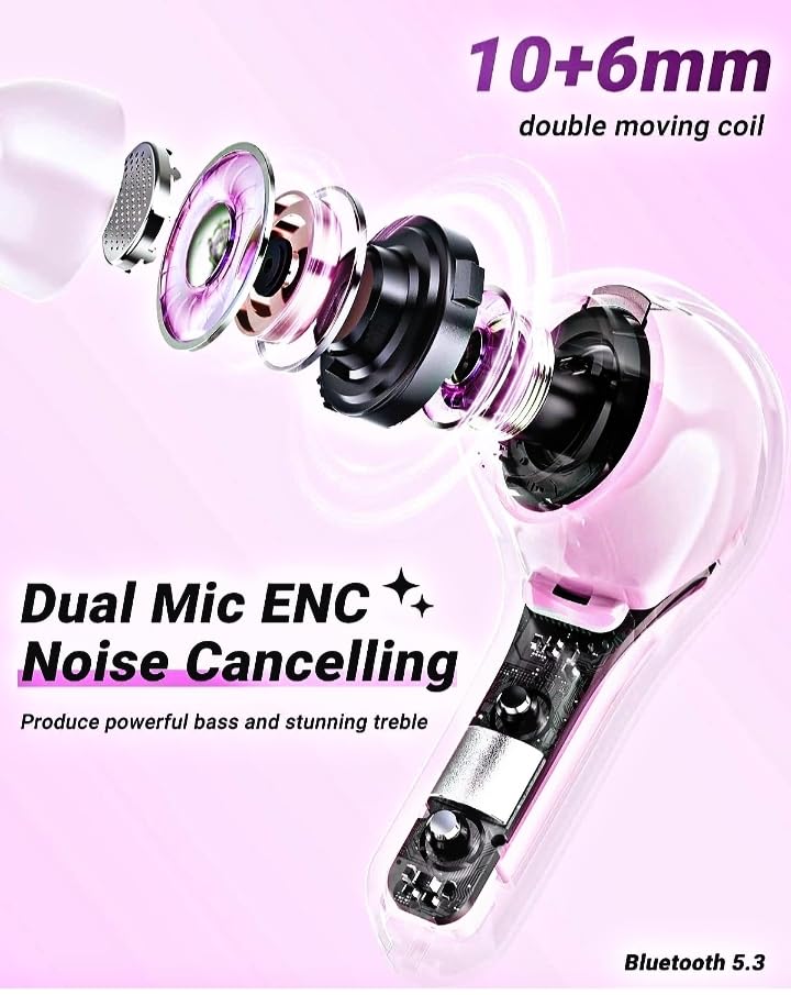 Image of W O Winwon ULTRAPODS PRO (TWS) Earbuds Bluetooth Wireless, Transparent Charging Case, Active Noise Cancellation, LED Digital Display, Bluetooth in-Ear Headphones, Touch Control, Water Resistant(Pink)