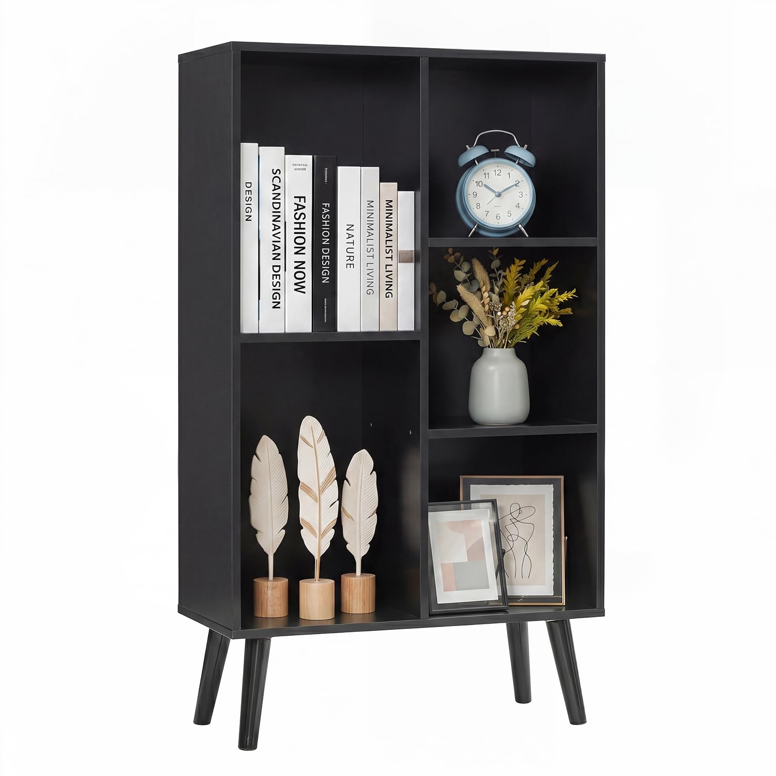 YAHARBO Small Black Narrow Bookshelf,3 Tier Modern Bookcase with Legs,Bookshelves Wood Storage Shelf,Rustic Book Shelves Cube Organizer,Display Bookcase