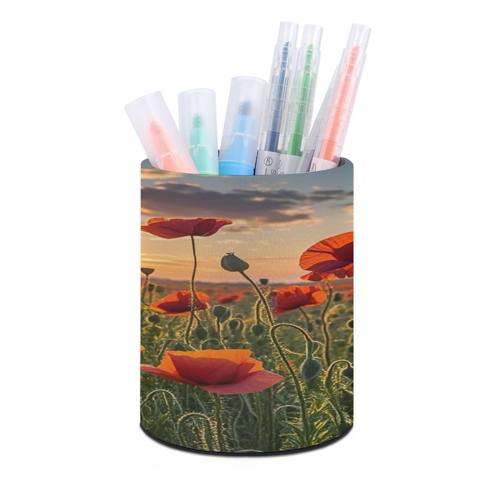 FekiLoot Round Red Poppy Flower Field in Sunset Pen Holder for Desk PU Leather Waterproof Pencil Cup Stand Minimalist Makeup Brush Storage Organizer Desktop Stationery Container Accessorires