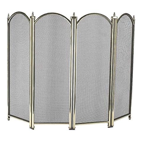 Black Country Metal Works Ltd Four Fold Dynasty Fire Screen/Guard in Polished Brass with Mesh Cover
