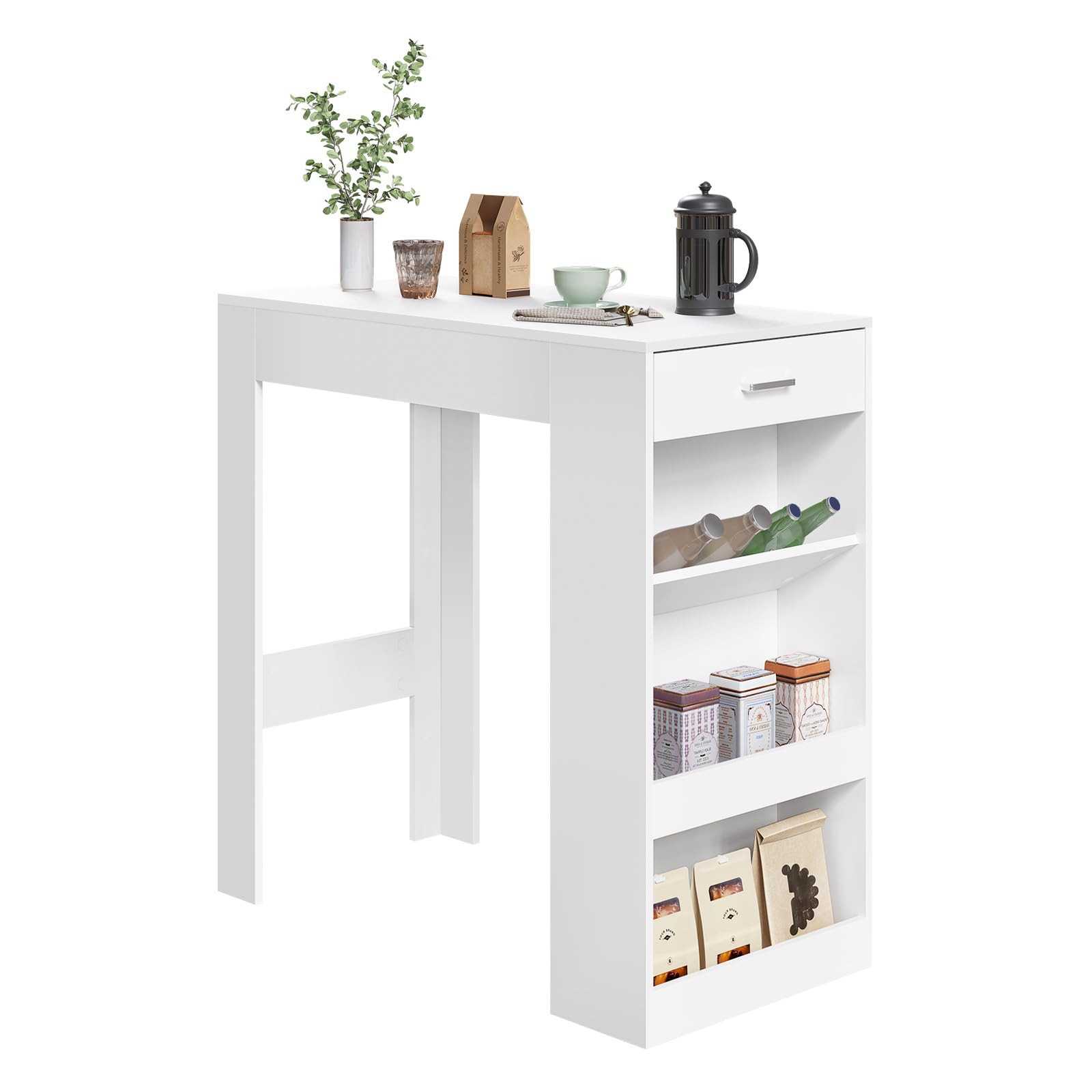 WOLTU Bartisch, Stehtisch mit 1 Schublade & 3 Ablagen, Küchentisch mit Weinregal, Bistrotisch für Bar Küche Wohnzimmer Esszimmer (Mit Brett, Weiß, 100 x 50 x 100 cm)