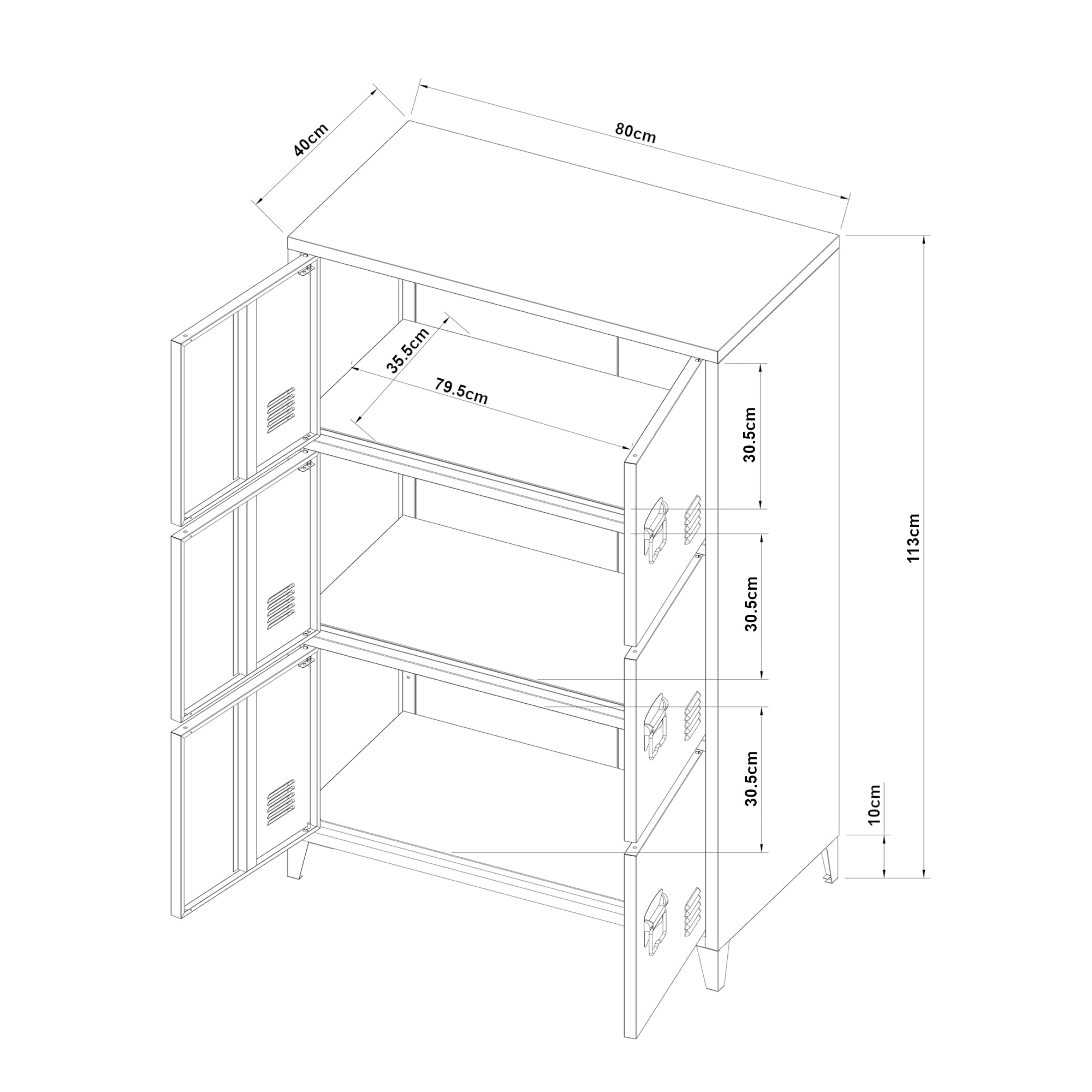 [en.casa] Armadio a 6 Ante e 3 Scomparti Armadietto da Ufficio Mobile in Acciaio per Archivio 113 x 80 x 40 cm - Nero