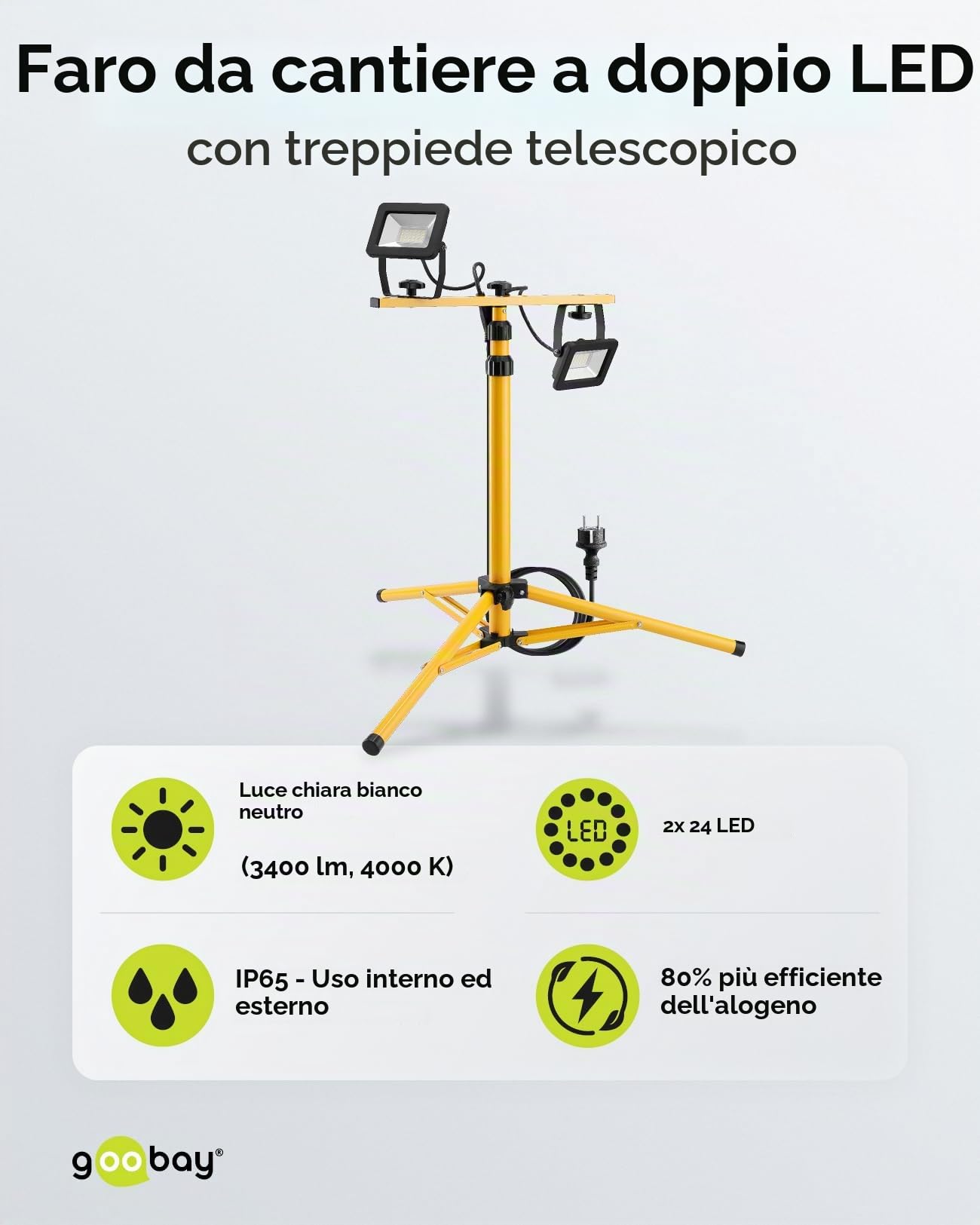 Goobay 57845 Faretto da costruzione a LED su stativo telescopico 2 x 20W / 3400lm / Luce bianca neutra - 4000K / Per uso interno ed esterno - IP65 / Nero/Giallo