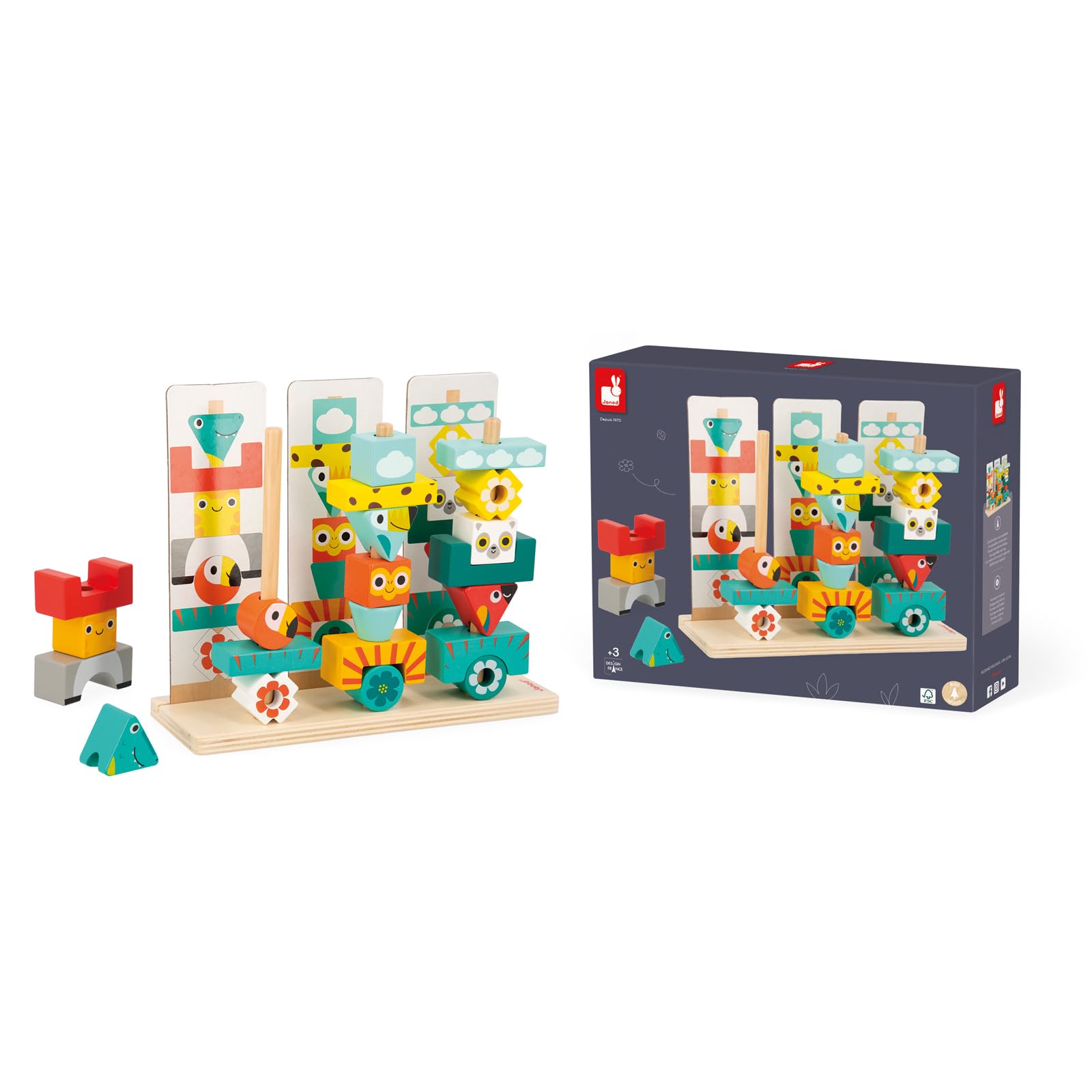 Janod Jeu Totem Tropik Jouet Enfant Bois FSC 52 Pièces à Empiler 12 Modèles Jeu Educatif Dès 3 Ans