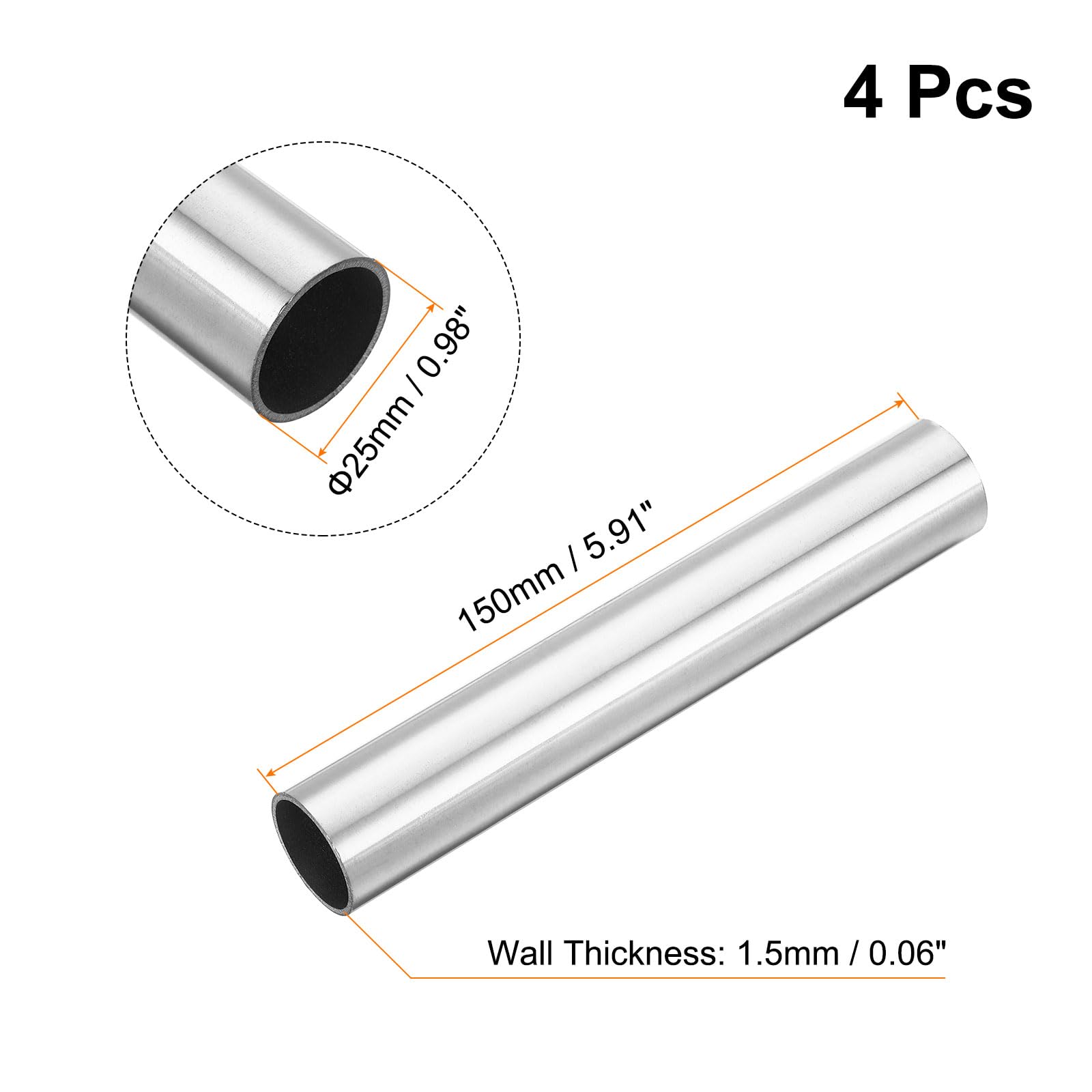 QUARKZMAN 4pz 304 Inossidabile Acciaio Tubo OD 25mm X 1.5mm Parete Spessore 150mm Lunghezza