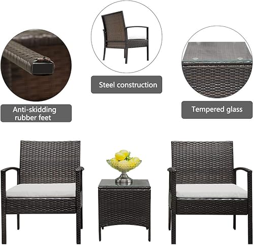 Miniatura 2 de Juego de 3 muebles de patio al aire libre, juego de conversación de mimbre para exteriores, moderno juego de bistró con mesa auxiliar para patio,