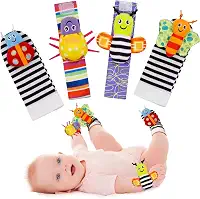 Kit 2 Meias e 2 Pulseiras de Bebê com Chocalho de Animais Macios e Sonoros - Brinquedo Sensorial Educativo para Desenvolvimento 0 a 24 Meses