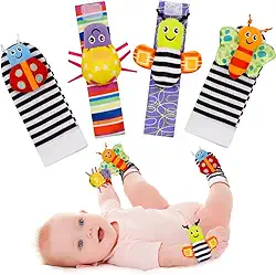 Kit 2 Meias e 2 Pulseiras de Bebê com Chocalho de Animais Macios e Sonoros - Brinquedo Sensorial Educativo para Desenvolvimento 0 a 24 Meses