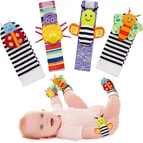 Kit 2 Meias e 2 Pulseiras de Bebê com Chocalho de Animais Macios e Sonoros - Brinquedo Sensorial Educativo para Desenvolvimento 0 a 24 Meses