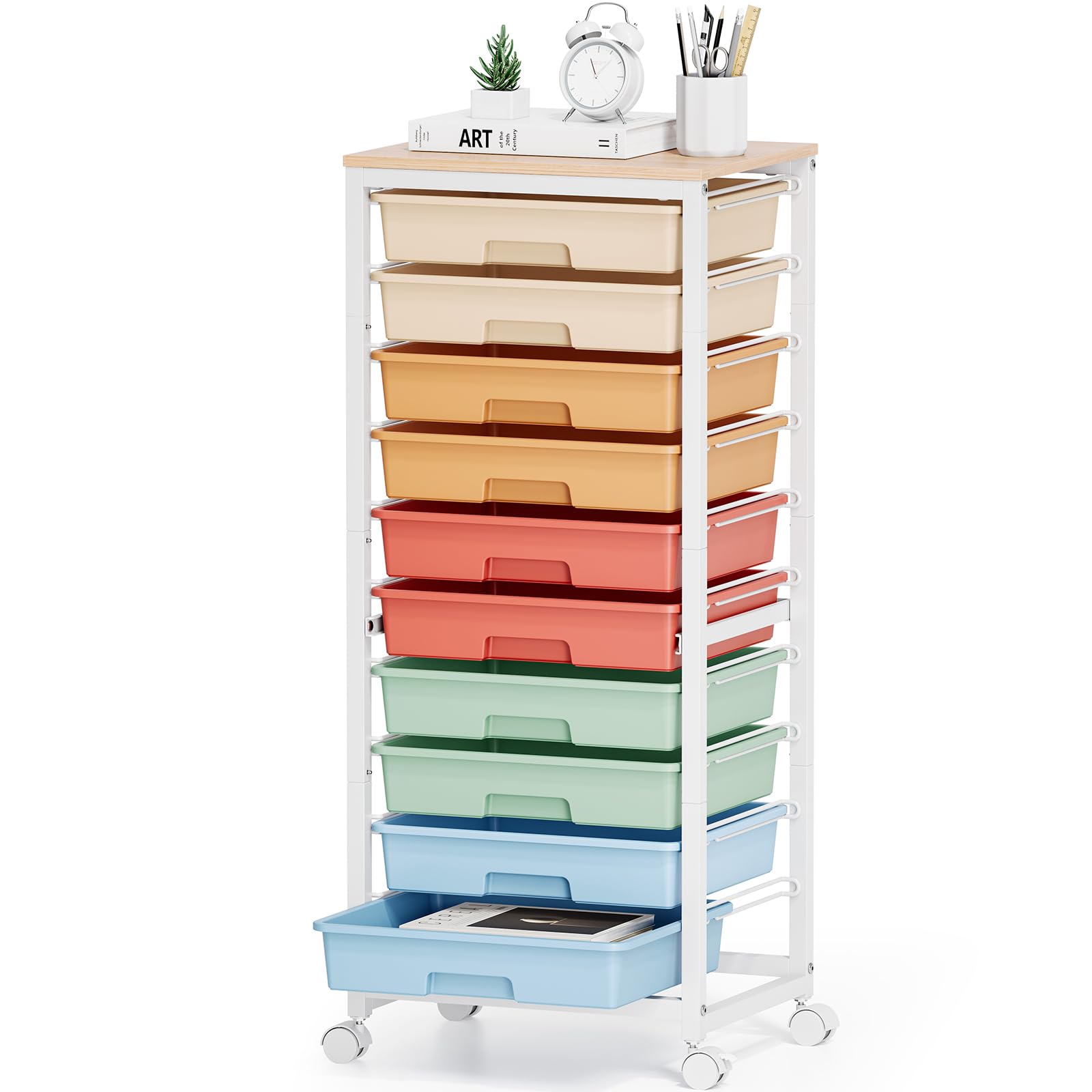 SYKIARIOL Aufbewahrungswagen mit 10 Schubladen, Kunststoff-Schubladen auf Rädern, Kunst- und Bastelwagen mit Holzplatte, Bastel-Organizer für Marker, Büro, Schlafsaal, Kinderzimmer, Regenbogen