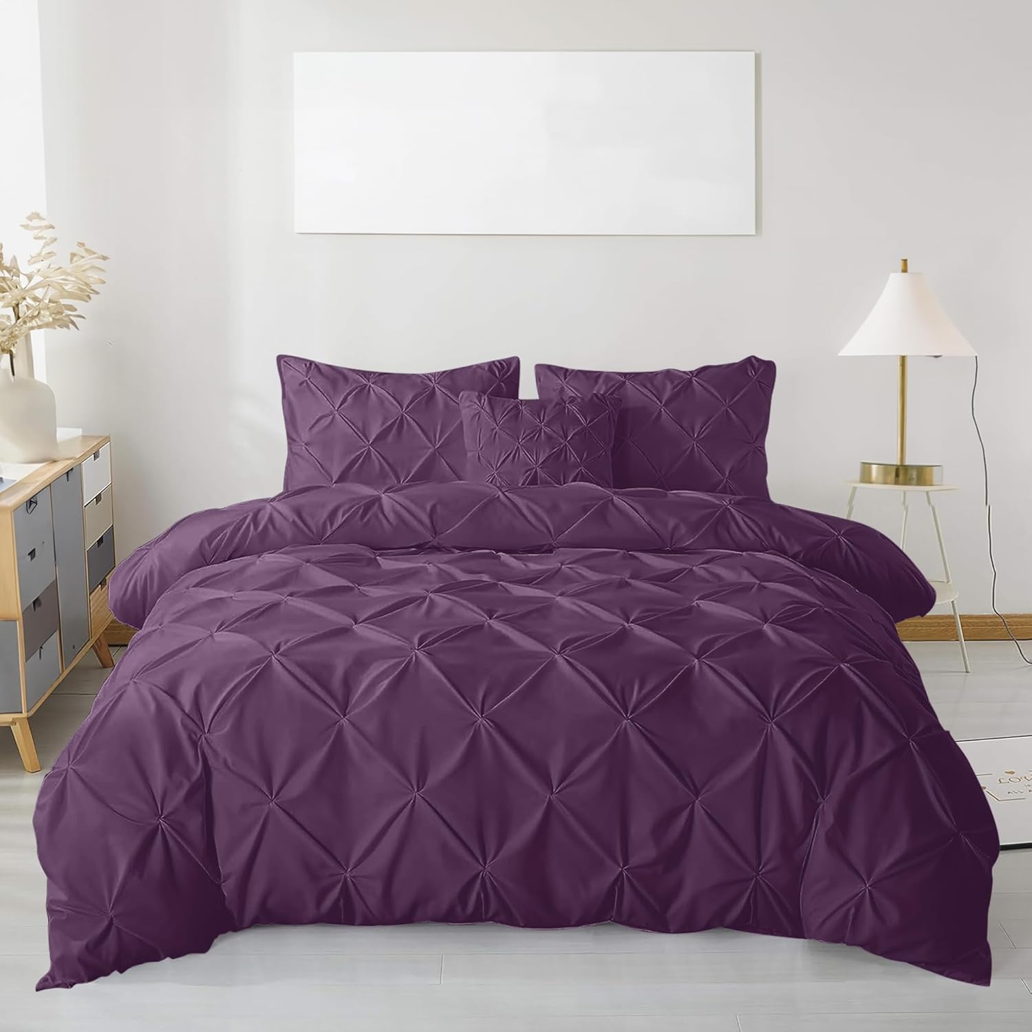 MK Home Textile Pintuck Duvet Cover Set – Luxury Pinch Pleat Bedding with Pillowcases, 100% Soft Microfiber, Wrinkle-Resistant Quilt Cover, Single Double King Super King (Plum, Double)
