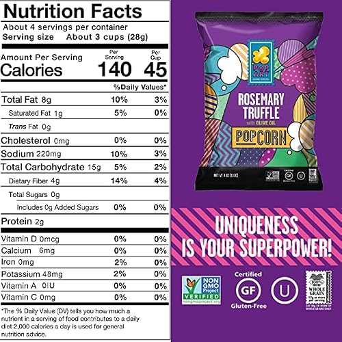 Pop Art Snacks Gourmet Popcorn - Rosemary Truffle With Olive Oil - Gluten Free Vegan Popcorn - Flavored Snacks For Adults, Kids, Movie Night (Single Bag / 4.5 Oz) #TOP6