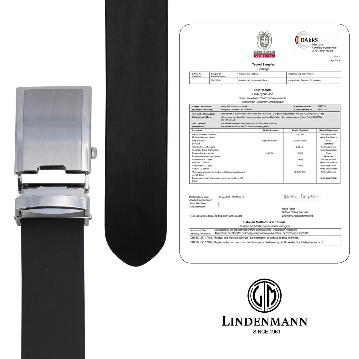 LINDENMANN skórzany pasek dla mężczyzn skórzany pasek ze skóry bydlęcej, 33 mm szerokości i 3,6 mm mocy, regulowany, pasek, skórzany pasek, klasyczny pasek, automatyczne blokowanie, czarny