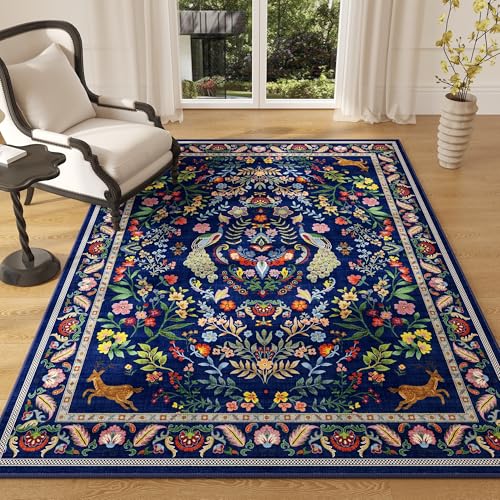 Area Rug 4x6 Rug Washable Rugs Floral Non Slip Low Pile Small Carpet for Bedroom, Bedside, Kids Room, Office, Dining Room(Blue)