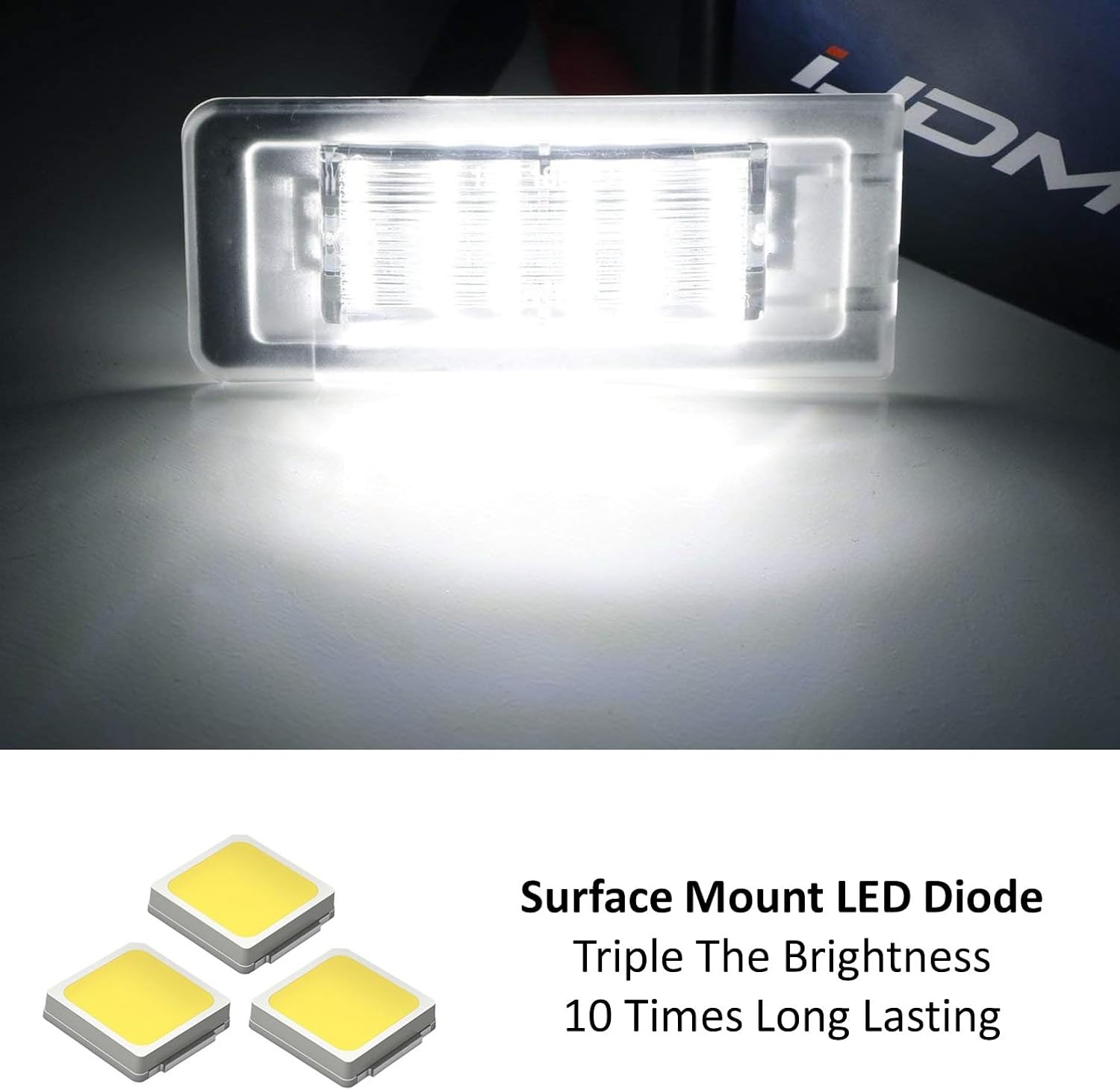 Close-up of iJDMTOY LED light showing surface mount diodes