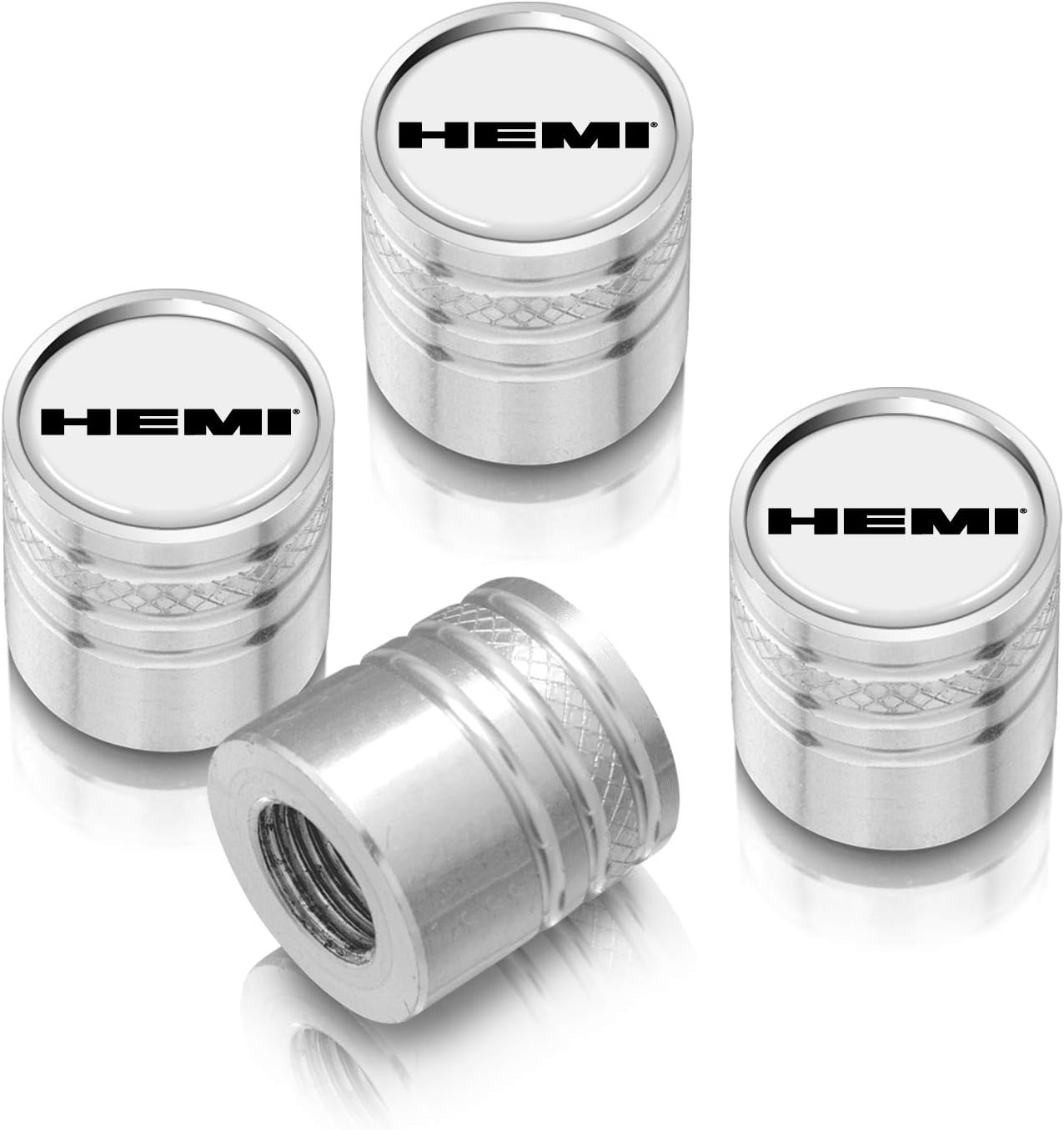 iPick Image for HEMI Logo White on Silver Aluminum Cylinder-Style Tire Valve Stem Caps