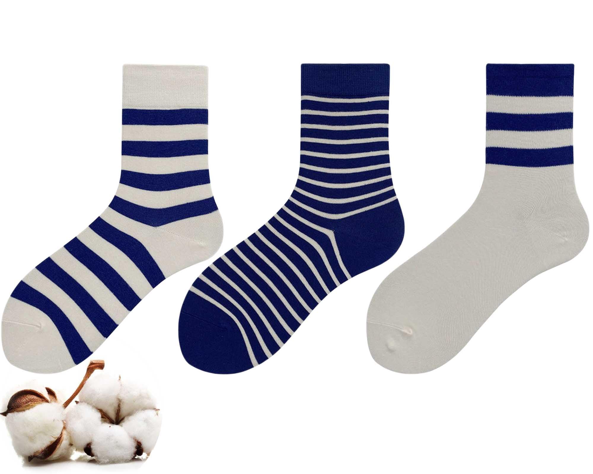 CHUNFO Womens Retro Striped Crew Casual Socks Breathable Running Cotton Walking Sock Size5-9.5