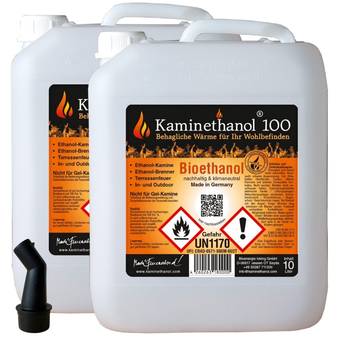 20 L Bioethanol 100% Ethanol 20 Liter Bio Alkohol 10 L Kanister Kamin Ausgießer