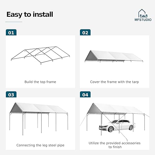 Miniatura 4 de MFSTUDIO Carport resistente de 10 x 20 pies, tienda de campaña con paredes laterales y puertas extraíbles, garaje portátil con trampa impermeable y