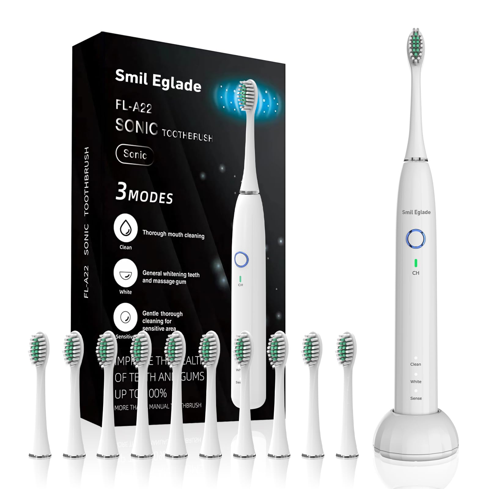 NBGRLVS Rechargeable Sonic Electric Toothbrush for Adults with 10 Brush Heads, 3 Modes, 2 Minute Smart Timer and Fast 4 Hour Charge - Perfect for