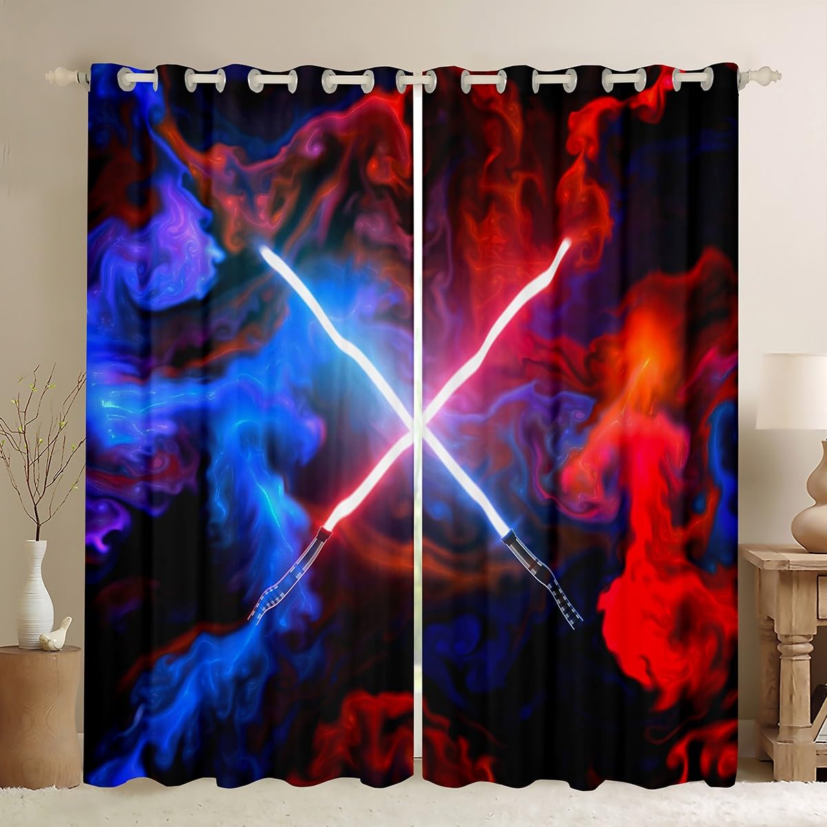 feelingyou Lightsaber Curtains for Windows,Neon Light Tie Dye Boys Modern Curtains for Living Room,Red Blue Nebula Galaxy Universe Blackout Drapes 2 Panel Sets,66x90L