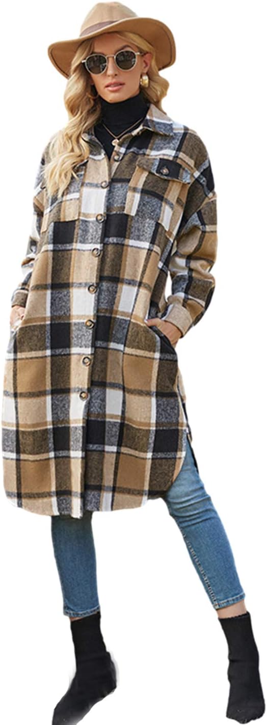 PUWEI Women's Casual Lapel Button Down Long Plaid Shirt Coat Tartan Shacket Jacket - Image 2