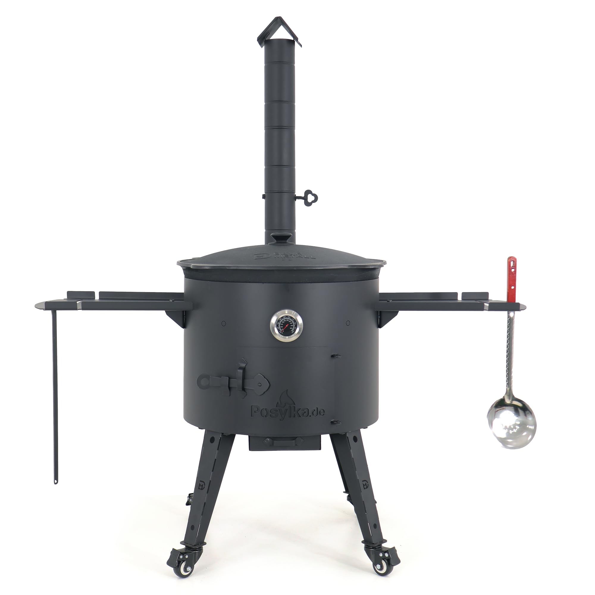 Utschak Feuerofen Ø 49 cm & Gusseisen-Kasan 22 L | Küchenzubehör | Kazan-Set mit Deckel | Usbekischer Kochtopf für Grill & Plov | Flacher oder Runder Boden wählbar (Flacher Boden)