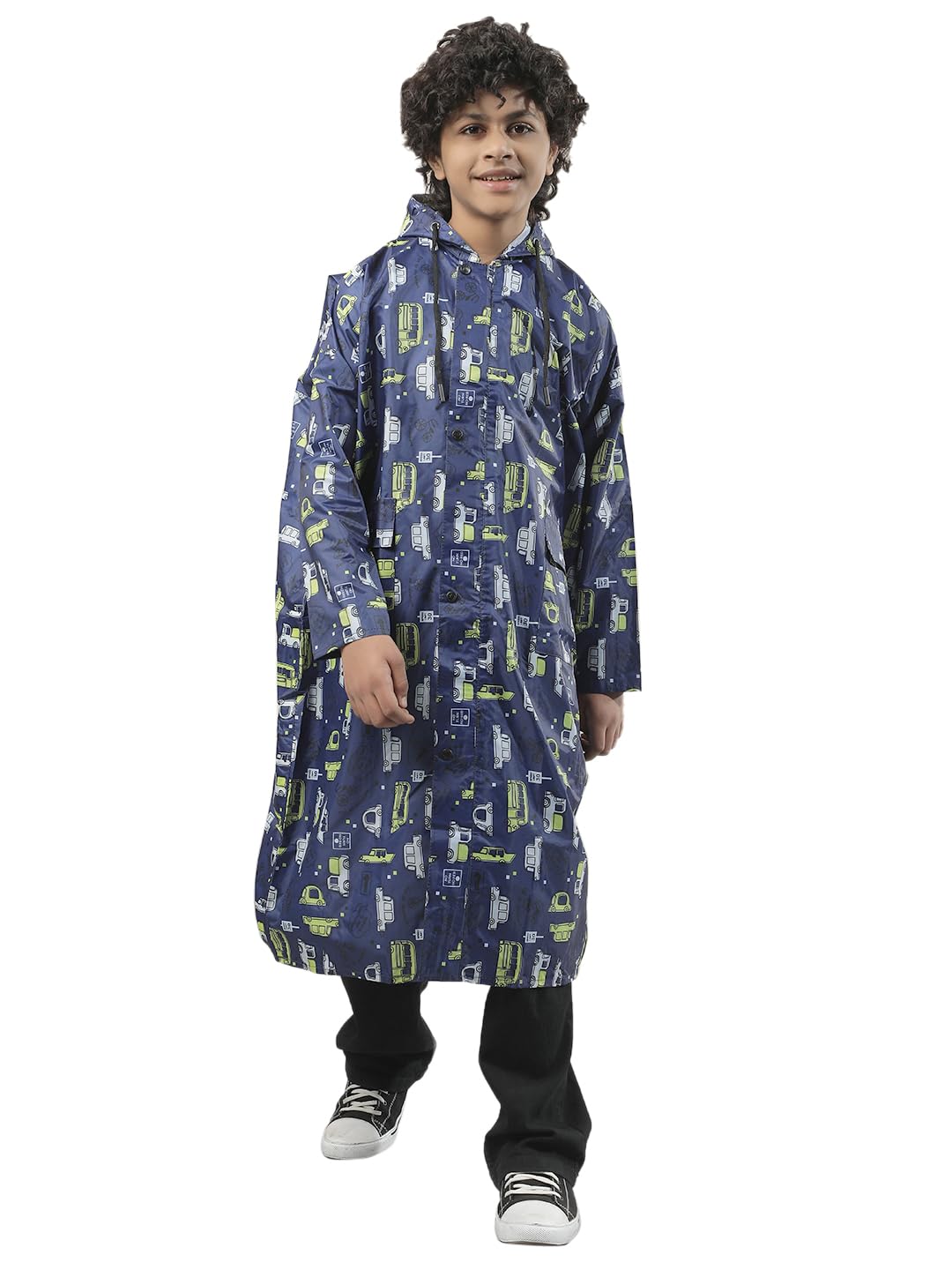 Dollar Kids Waterproof PVC Printed Long Raincoat | Zipper & Button Closure | Adjustable Hood & Pocket | Full Length Lightweight Rainwear for Boys & Girls