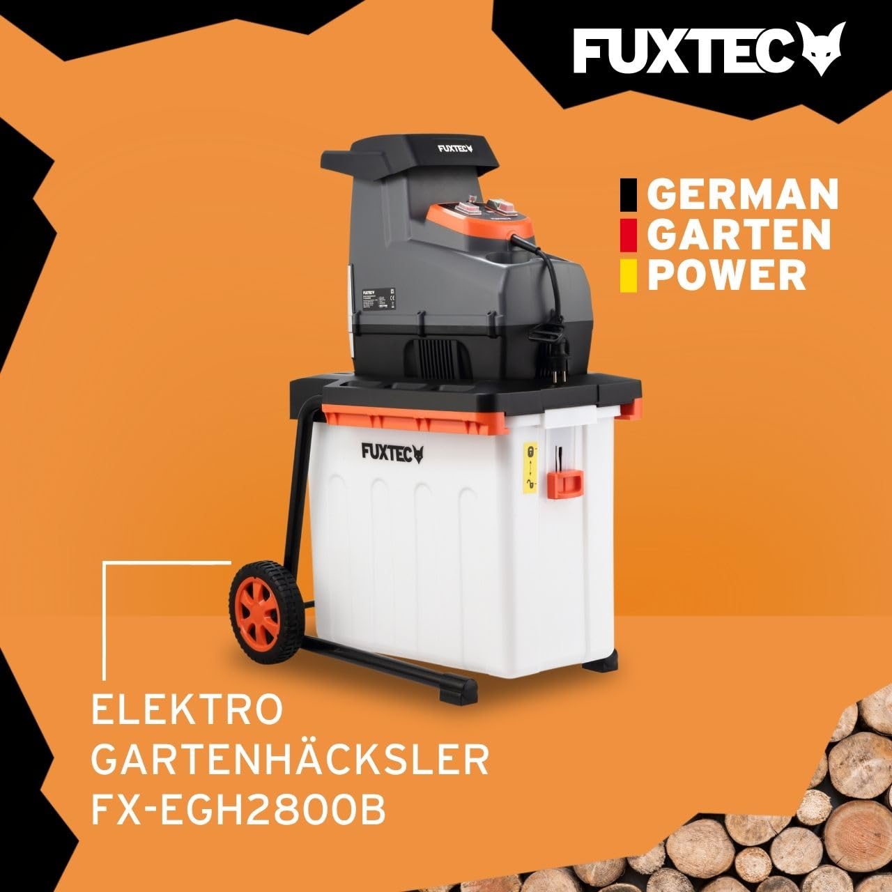 FUXTEC Elektro Gartenhäcksler FX-EGH2800B, Walzenhäcksler mit 2800W Leistung und Rückwärtslauf, zerkleinert Äste bis 44mm Durchmesser, leise & kraftvoll mit 60L Auffangbox und Überlastschutzsystem