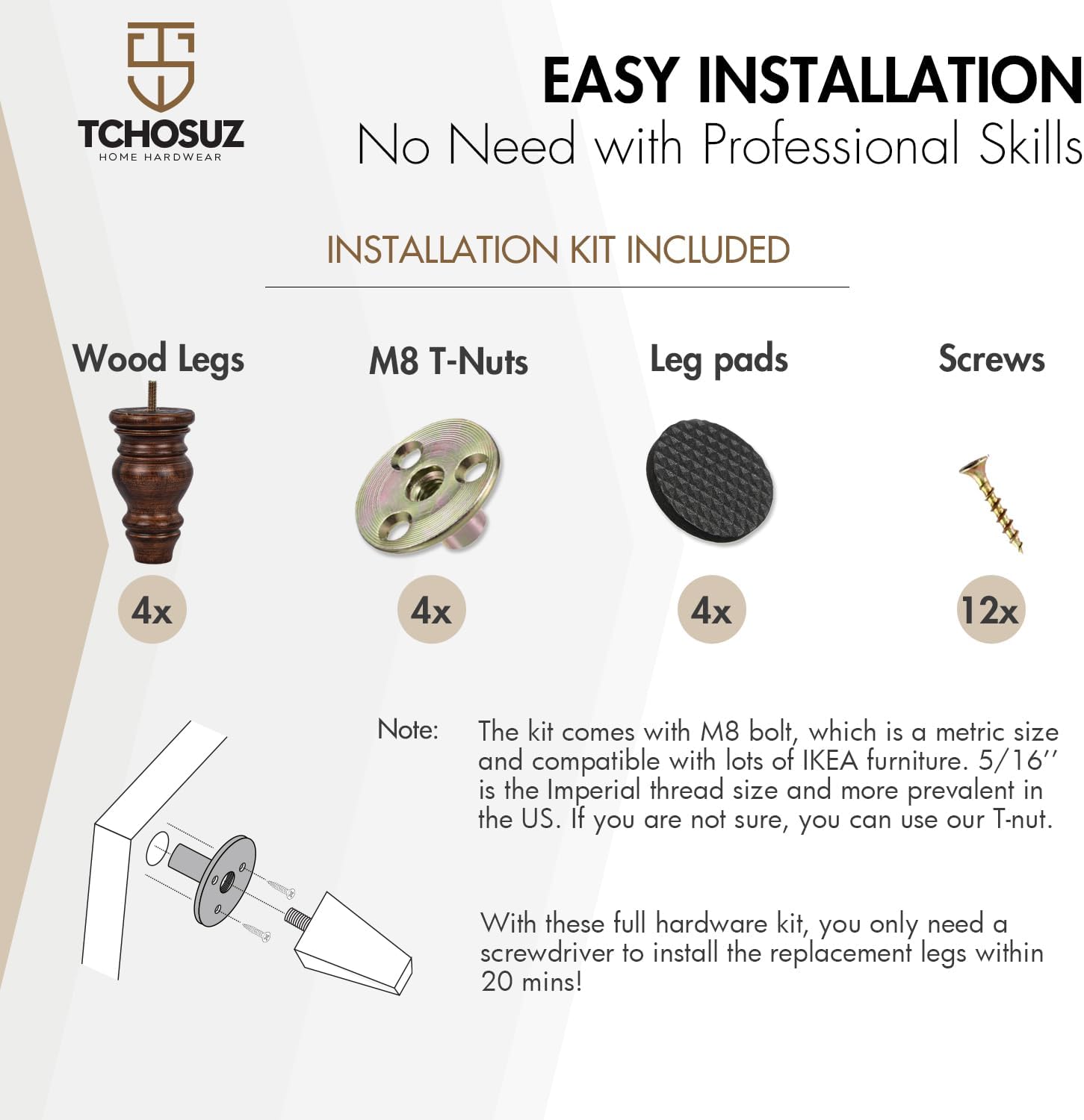 5 inch / 12cm Wooden Furniture Legs, Pack of 4 Glaze Solid Wood Turned DIY Replacement Bun Feet with M8 Hanger Bolts & T-Nuts or Sofa Couch Cabinet Recliner Ottoman Riser