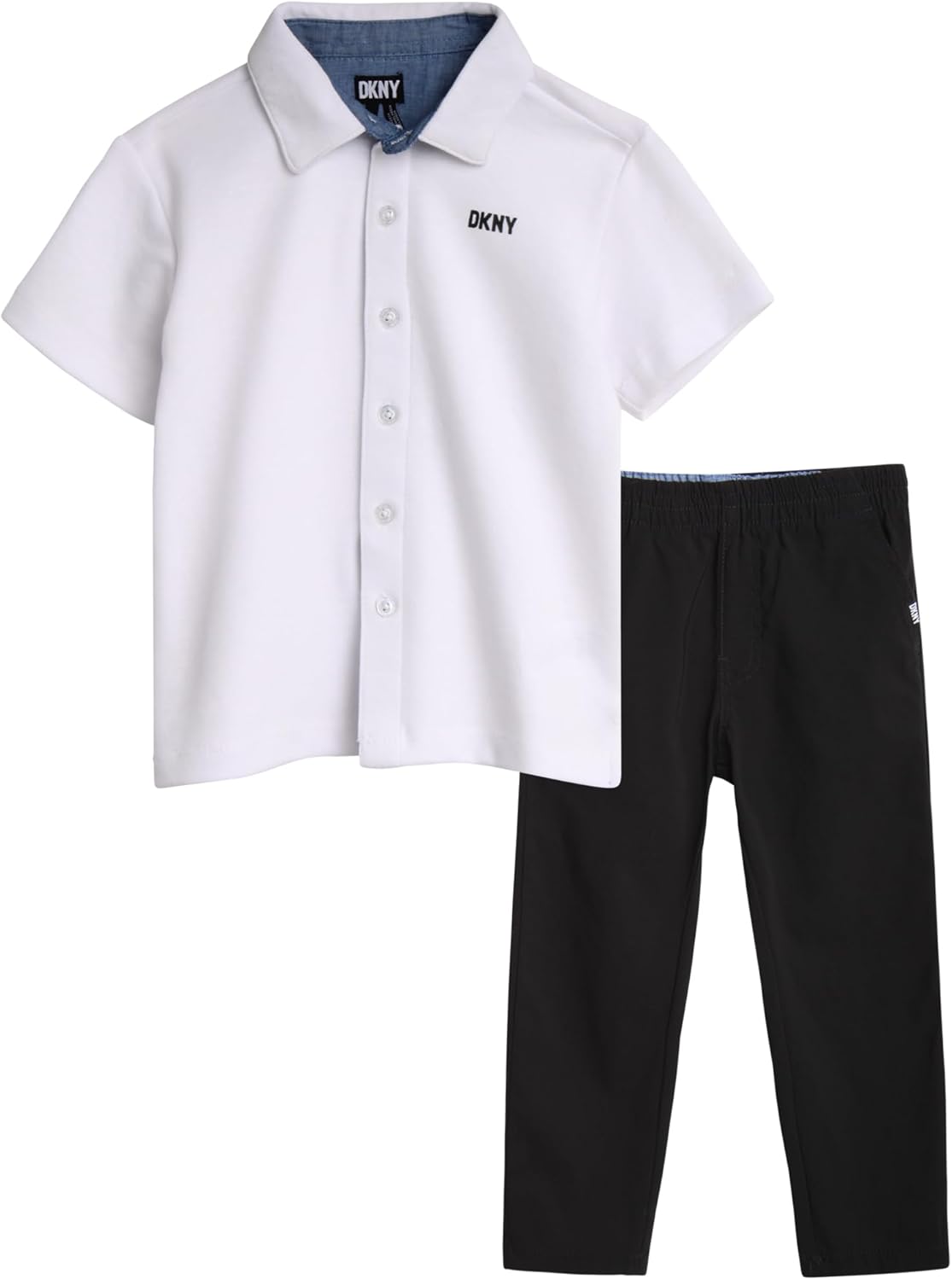 DKNY Toddler Boys Pants Set - 2 Piece Short Sleeve Boys Button Down Shirt and Tech Pull On Kids Pants Toddler Clothes