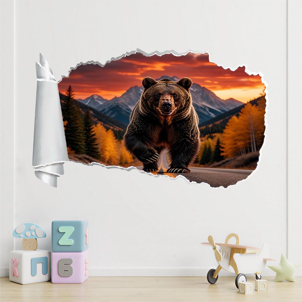 3D Wandtattoo I Wandbild Bären Waldtiere Wandaufkleber I Wandsticker Durchbruch Herbstlicher Sonnenuntergang Am Berg Poster Fensterblick I Wand Deko Aufkleber für Wohnzimmer Schlafzimmer Türaufkleber