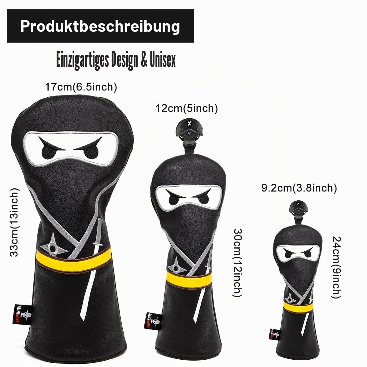 Golfschlägerhaube, 3 Holzschlägerhaube, Ninja-Design, Magnetverschluss, Elegante Stickerei, Premium-Leder, Fahrer, Fairway-Holz, Hybrid-Klinge, Schlägel, Putterabdeckung, Holzkopfabdeckung