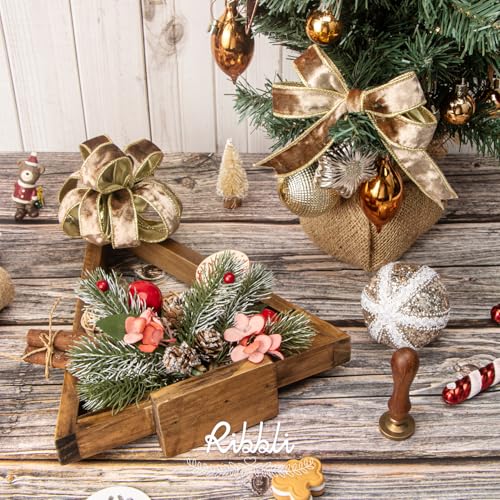Image of Ribbli Camel Velvet Wired Ribbon 1 Inch Metallic Khaki Gold Crushed Velvet Christmas Ribbon for Gift Wrapping Christmas Tree Decoration Crafts Wreaths Supplies-Continuous 10 Yards