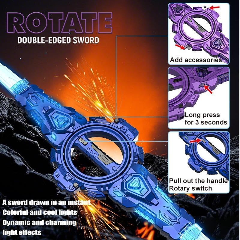 Image of BUQARO Fire Spiral Double-Edged Light Sword Toy with LED Lights & Sound | Wrist-Activated Rotating Action Role Play Sword for Kids & Teens
