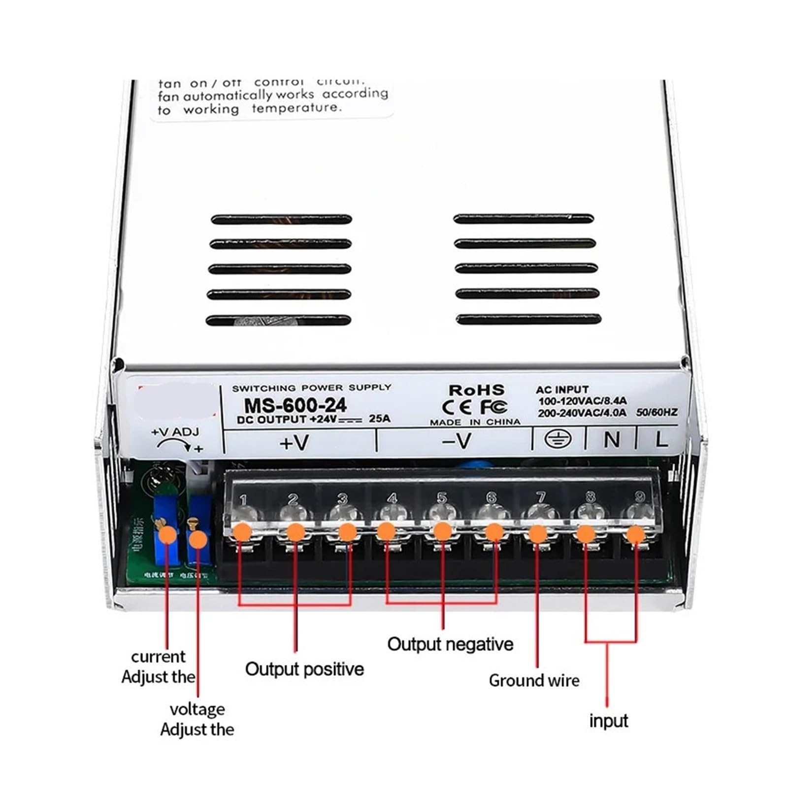 Fuente de alimentación conmutada MS-600 de 600 W, 180-264 V a 0-24 V, 0-25 A