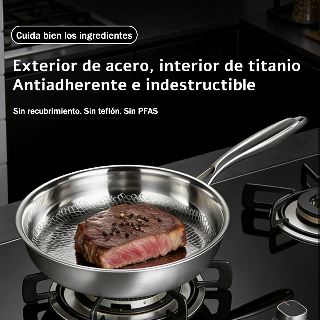 Sartén Titanio Actualizada 2026, Sartén de Titanio para Cocina y Acampada, Antiadherente y Resistente a Arañazos, Libre de PTFE y PFOA, Apta para Todo Tipo de Cocinas (Con tapa, 22cm)