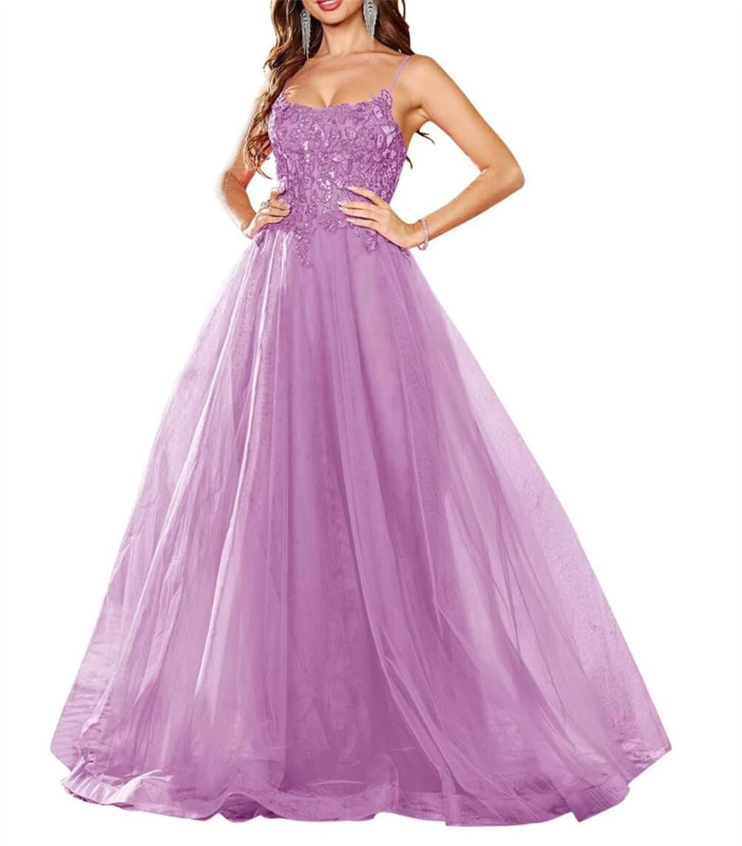 Wseyu Women's Lilac Tulle Spring Casual Wedding Dresses Laces Appliques Solid Princess Ball Gown Backless Lace Up Uk10