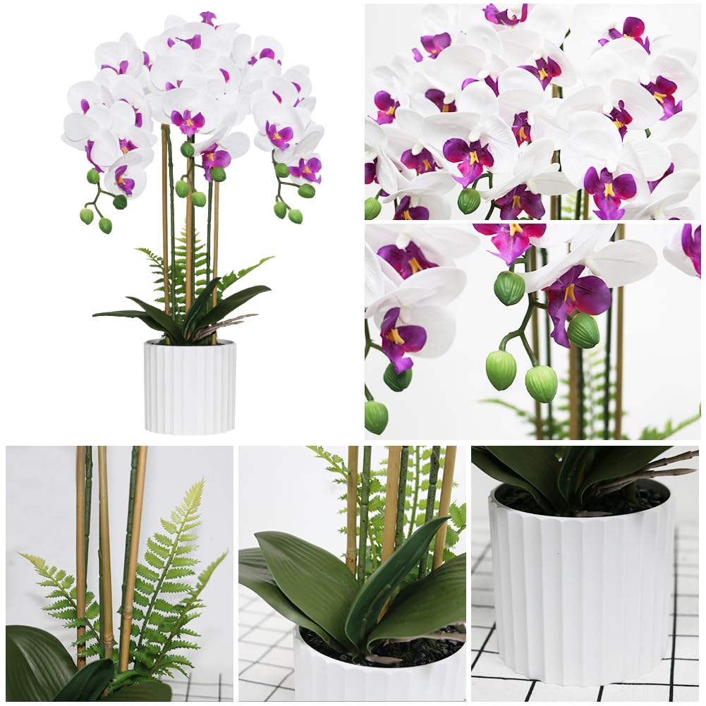 Olrla Flor de orquídea Artificial en Maceta para Interior, bonsái de imitación Phalaenopsis para decoración de hogar, Oficina, Fiesta, jardín (Blanco Y Morado)